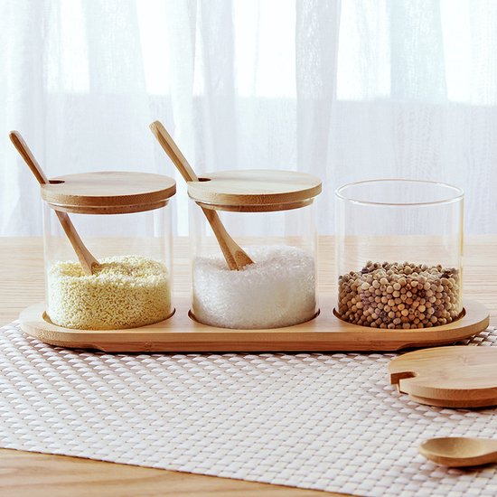 Set van 3 Glazen Kruidenpotjes met Bamboe Lepels & Deksel - Elegant & Organisch Keukenaccessoire
