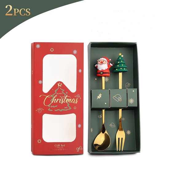 4 delige (8 stuks) Luxe Kerst Bestekset – Theelepels & Vorken met Unieke Kerstfiguren – Feestelijk Cadeau-goud
