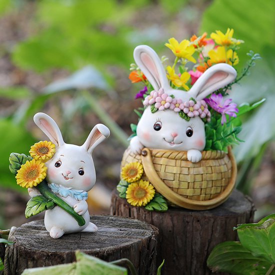 3delige Schattig konijn ornament voor tuin, balkon en binnenruimtes - kan worden gebruikt als bloempot - gemaakt van hoogwaardig hars