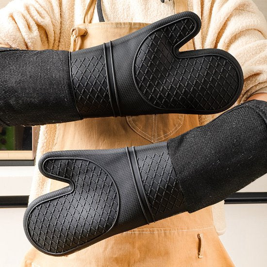 2 Stuks/1 Paar Siliconen Ovenwanten met Zachte Katoenen Voering , Extra Lange Hittebestendige Ovenhandschoenen Voor Bakken, Koken, Grillen-zwart