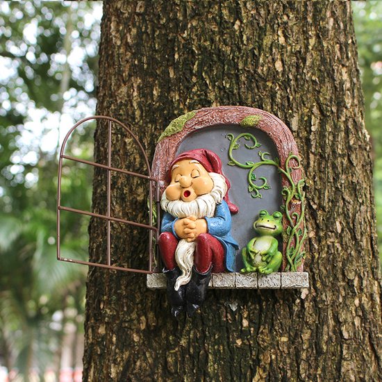 Charmante Slapende tuinkabouter met kikker voor in de tuin - ophangbaar standbeeld van duurzame designerhars - 12.5*4*18cm