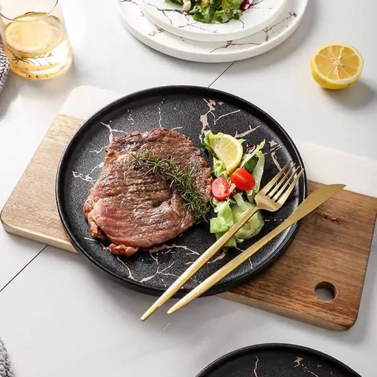2-delige Luxe Marmeren Bordenset -Stijlvol Serveerbord voor Diner en Lunch- Modern & Stijlvol Ontwerp-Mat Zwart (Ø25,2 cm & Ø20 cm)