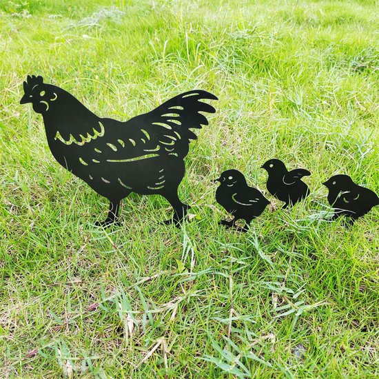Holle Kippenfamilies - Prachtige Tuindecoratie met Levendig Silhouetontwerp - Set van 4 Metalen Stakes - Weerbestendig en Duurzaam - Eenvoudig te Installeren