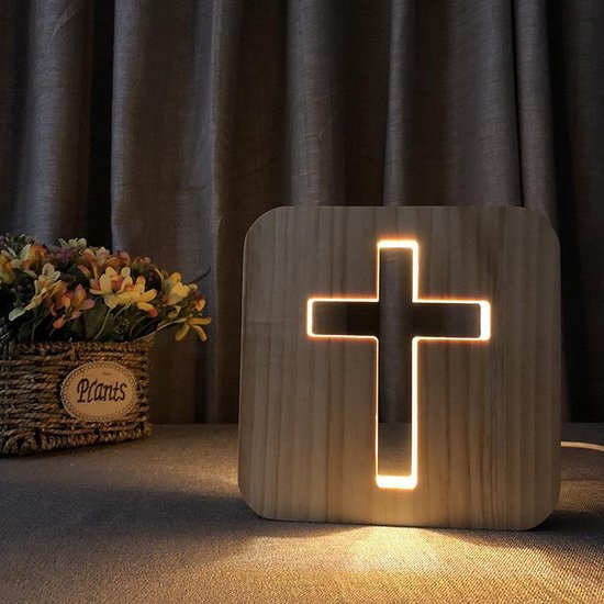 LED Tafellamp 19cm - Houten Kruisfiguur - One Touch