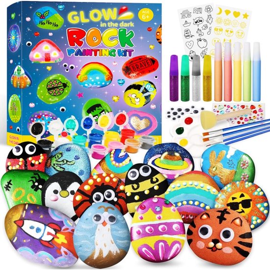 Glow in the Dark Stenen Verf Set – Rock Painting Kit voor Kinderen – Creatieve Hobbyset met Glow Verf, Stickers & Accessoires – Vanaf 7 Jaar