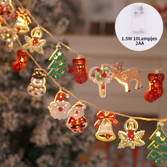 1.5M Kerst Lichtsnoer met 10 IJzeren Figuren op Batterij– Warm Wit Licht – Rendieren, Kerstbomen & Sneeuwmannen – Feestelijke IP42 Decoratie