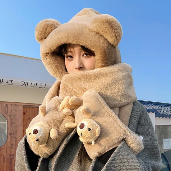 3-in-1 Warme Winterset – Pluche Muts met Schattige Oortjes, Sjaal en Wanten – Khaki