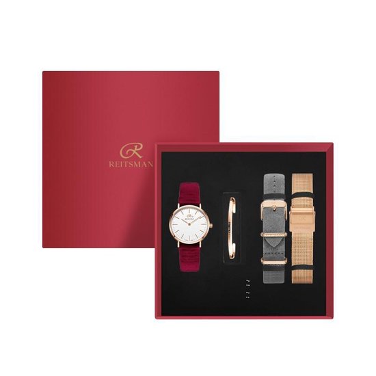 Reitsman Horloge Cadeao Set - Roségouden Horloge, 3 Verwisselbare Bandjes & Bangle - Zwitsers Uurwerk, Saffierglas, Diamant & 5 ATM - Stijlvolle Valentijnscadeau