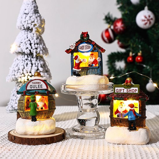 6 stuks Mini Kerstdorp met LED-verlichting – Cadeauwinkel, Snoepwinkel & Thermo Gulee-betoverende kerstsfeer