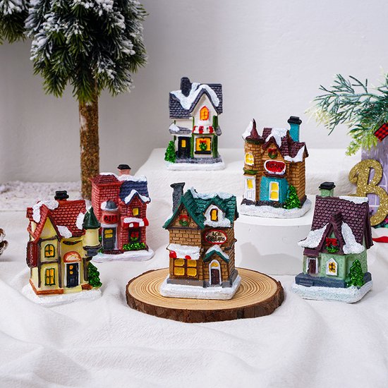6 stuks Verlichte Kersthuisjes – Sfeervolle Miniaturen met LED-Verlichting-Warme Sfeerdecoratie voor de Feestdagen