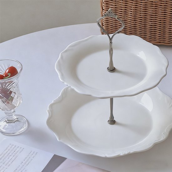 Franse reliëf keramische schaal dubbellaags afternoon tea schaal snoep dessert schaal wit