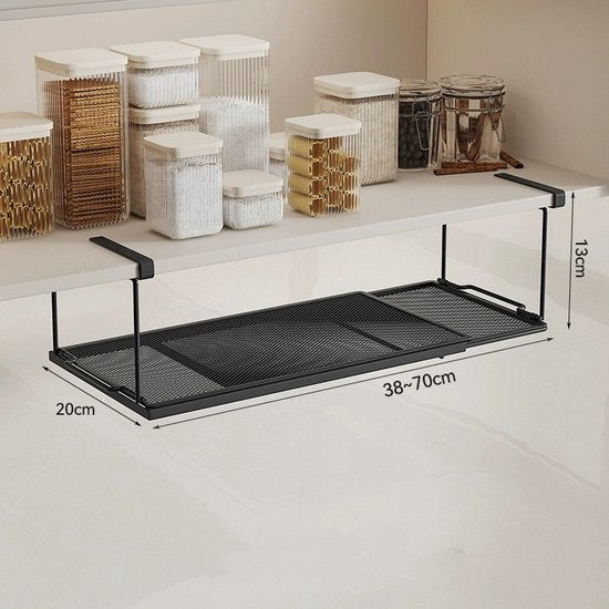 Uittrekbaar en Ophangbaar Metalen Opbergrek - Verstelbare Lengte 38 cm tot 70 cm - Perfect voor Keuken, Badkamer ,Kledingkasten Schoenenkast-zwart
