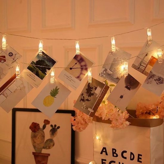 Fotoclip Lichtsnoer - 3 Meter - 20 Lampjes met Fotoclips, Batterij + USB-model voor Dubbel Gebruik