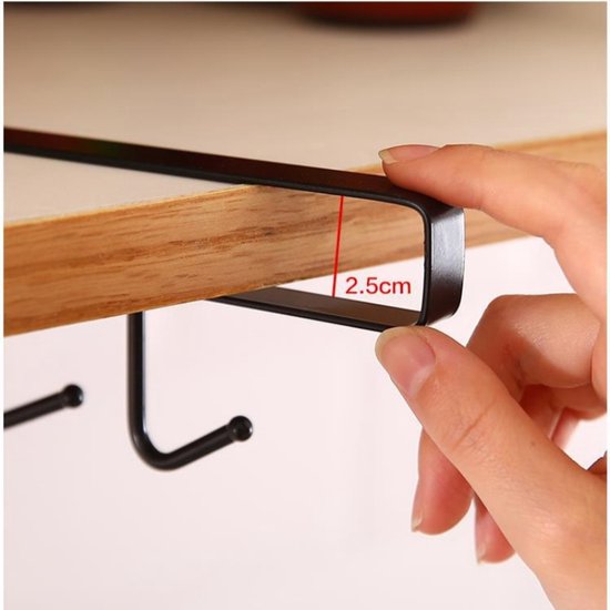 Keukenhaak onder plank, 6 haken - set van 4, zwart 26cm