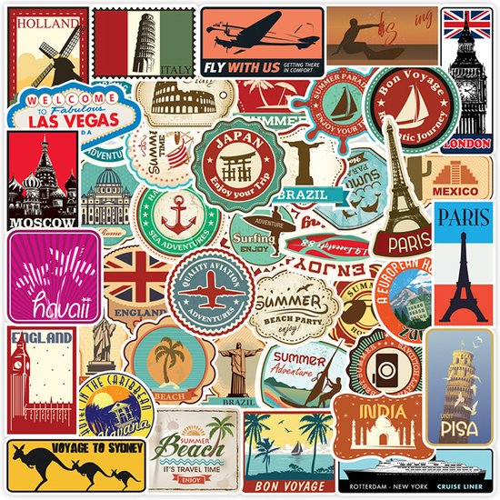 100 reizen en landen Stickers voor laptop, koffers, koelkasten en kleerkasten