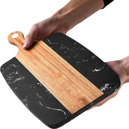 Luxe Marmer en Houten Snijplank - Stijlvol en Duurzaam met Handvat- 34,9 x 18,5 x 1,2 cm - zwart