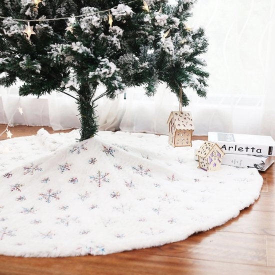 Elegante Kerstboomrok - 122 cm - Wit met Kleurrijke Sneeuwvlokken en Luxe Afwerking-Een Feestelijke Toevoeging aan Je Kerstdecoratie