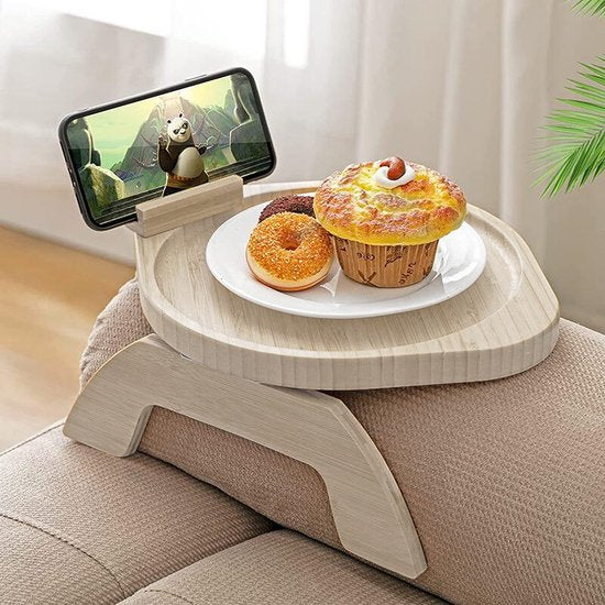 Natuurlijk Houten Sofa Armleuning Dienblad met 360-graden Draaibare Telefoonhouder - Multifunctioneel en Stijlvol Huishoudelijk Accessoire 30*25cm