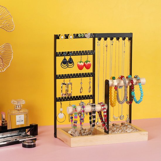 Hoogwaardig Sieradennrek met 48 Oorgaatjes, 6 Haakjes voor Ketting, 2 Armbandstandaards en een Handig Ringenvak - Stijlvolle Opbergruimte voor Elke Sieradencollectie