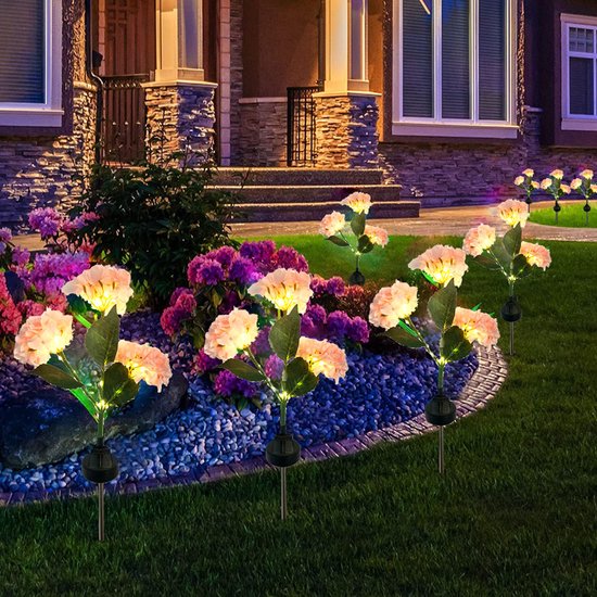 zonne-energie Hortensia Terraslamp voor Sfeervolle Buitenverlichting -Met dag en nacht sensor-IP55-75,5 cm hoog-roze