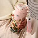 Thermos Mok Bloemprint 500ml Roze - Dubbelwandig Lekvrij