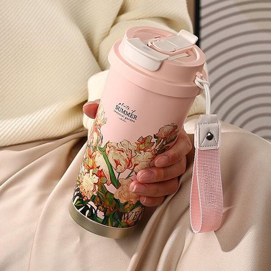 Thermos Mok Bloemprint 500ml Roze - Dubbelwandig Lekvrij