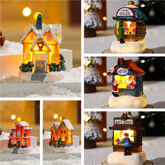 6 stuks Mini Kerstdorp met LED-verlichting – Cadeauwinkel, Snoepwinkel & Thermo Gulee-betoverende kerstsfeer