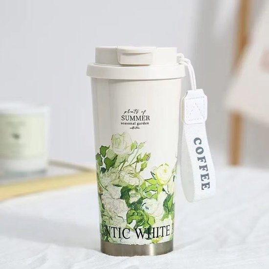 Thermos Mok met Bloemprint – 500ml – Roze – Dubbelwandig – Lekvrij – Met Draagriem – Ideaal voor Camping & Reizen