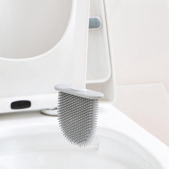 2 Stuks Antibacteriële Siliconen WC-borstel Set met Platte Brede en Ronde Borstelharen - Inclusief Borstelhouder - grijs