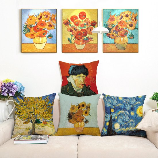 TDR -Sierkussensloop  - van katoen en linnen - 45 x 45 cm - Thema: van Gogh ,Zonnebloemen in een vaas