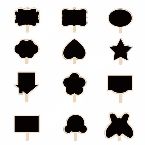 Mini Krijtbordjes Set van 12 – Verschillende Vormen – Tafelbordjes met Krijtstickers – Decoratief en Herbruikbaar