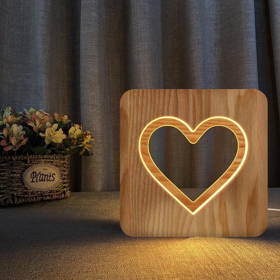 Tafellamp - Lamp 19CM- LED en One touch control - Houten Tafellamp - Hart figuur speciaal cadeau voor Valentijnsdag en moederdag