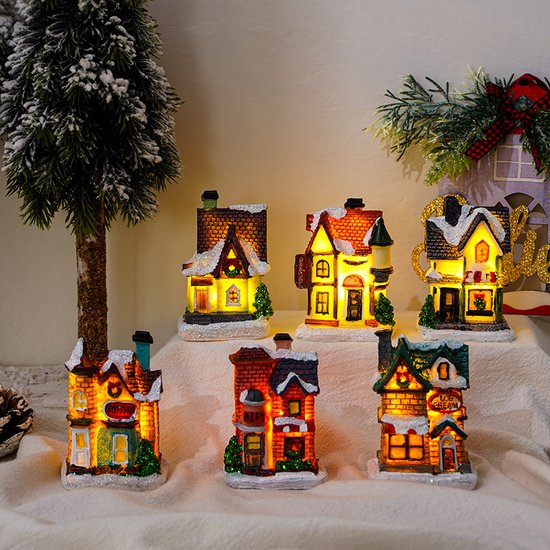 6 stuks Verlichte Kersthuisjes – Sfeervolle Miniaturen met LED-Verlichting-Warme Sfeerdecoratie voor de Feestdagen