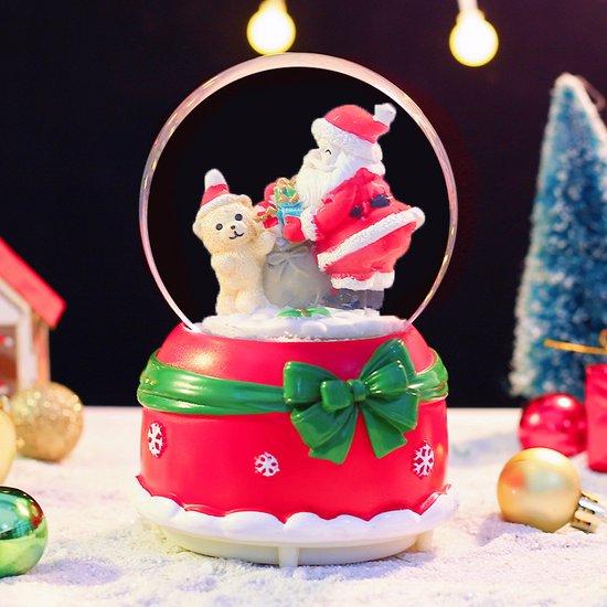 Magische Kerst Sneeuwbol met Muziek en Kleurrijke LED – Kerstman en Teddybeer – Warme Sfeer – Ø8 cm, Hoogte 14 cm