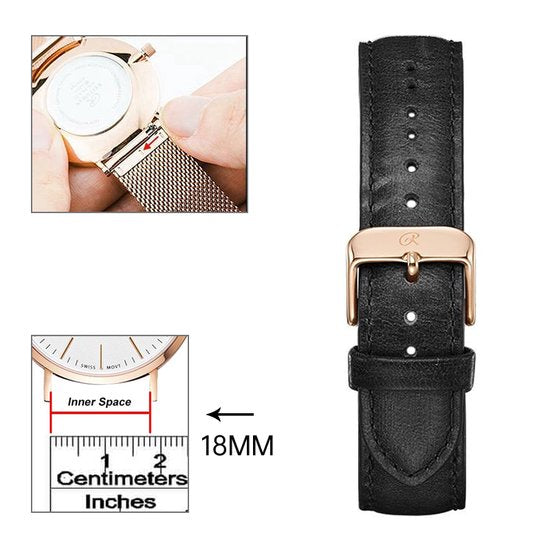 18mm Universele Italian lederen bandje/leather Strap Black/Rosegold-Quick Release - Past op Alle Merken met 18mm Aanzetmaat
