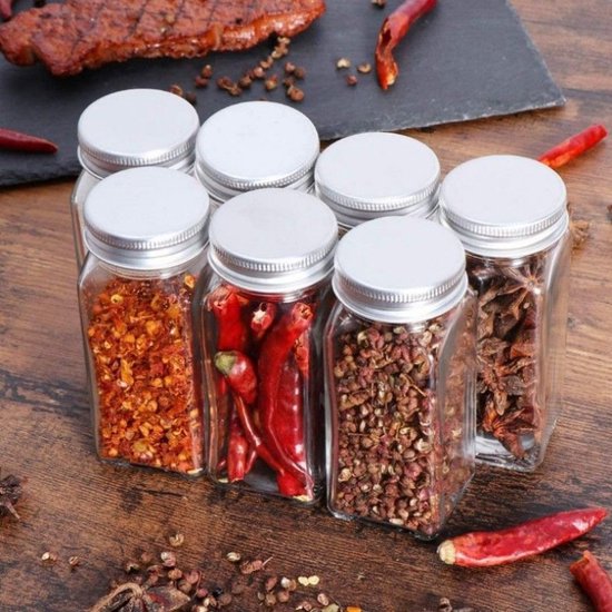 12-delige Glazen Kruidenpotten Set met Aluminium Deksel -Inhoud 120 ml - Inclusief Handige Accessoires