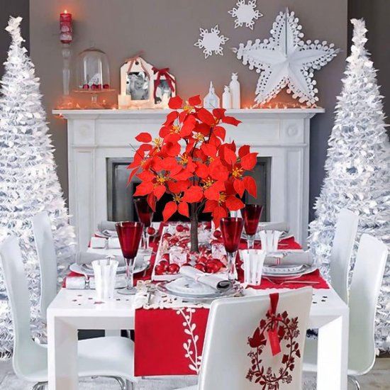 LED Lichtboom met Rode Poinsettia Bladeren - Warme Witte Ver