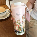 Thermos Mok Bloemprint 500ml Roze - Dubbelwandig Lekvrij