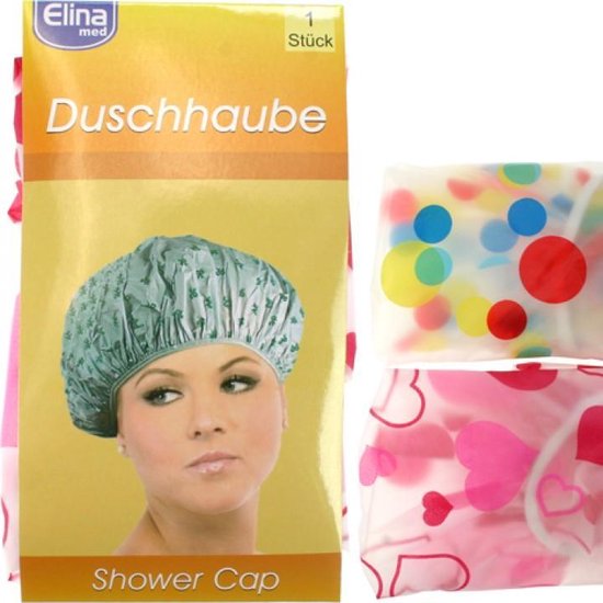 Elina   Jean products   stevige kunststof  ruime douchemuts met elastiek en leuke bedrukking om je haar droog te houden