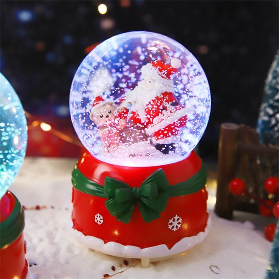 Magische Kerst Sneeuwbol met Muziek en Kleurrijke LED – Kerstman en Teddybeer – Warme Sfeer – Ø8 cm, Hoogte 14 cm