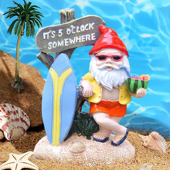 Grappige Relaxte Kabouter met Surfplank - Kleurrijke en Weerbestendige Tuinornament - Vrolijke Tuindecoratie