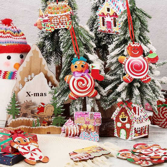 24-delige Set Houten Kersthangers – Snoeptrein Decoraties voor Kerstboom-Unieke Hangdecoratie voor Kerstboom en Cadeaus