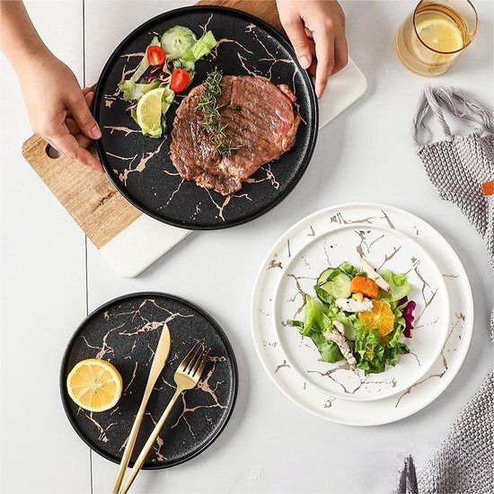 2-delige Luxe Marmeren Bordenset -Stijlvol Serveerbord voor Diner en Lunch- Modern & Stijlvol Ontwerp-Mat Zwart (Ø25,2 cm & Ø20 cm)