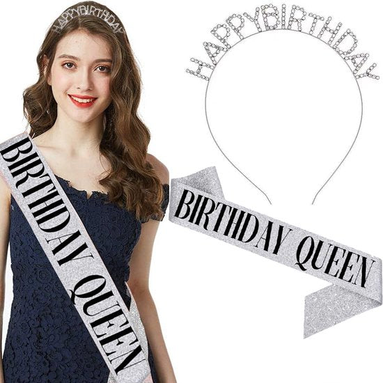 Happy Birthday Tiara en Sjerp-Met text "Birthday Queen"- Ideaal als Cadeau voor Verjaardagen-birthday diadeem-Zilver