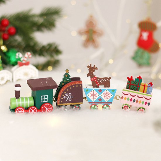Luxe Houten Kersttrein - Kerstdecoratie - Rendier, Cadeautjes en Kerstboom - Nostalgische Feestsfeer -Groen/Rood