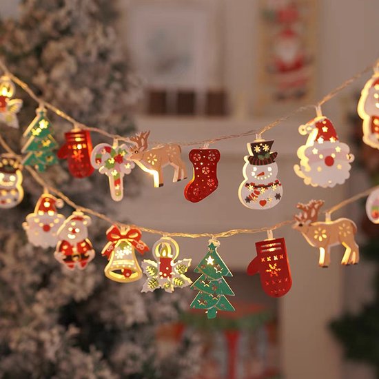 3 Meter Kerst Lichtsnoer met 20 IJzeren Figuren – Feestelijke Decoratie met Rendieren, Kerstbomen en Sneeuwmannen – IP42- USB Voeding-Warm Wit Licht