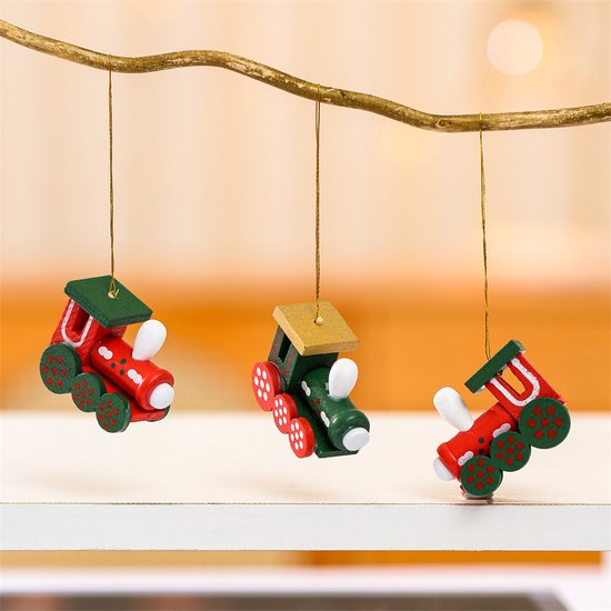 6 delige Houten kersthangers in de Vorm van Treinen – Kerstdecoratie in Cadeaubox