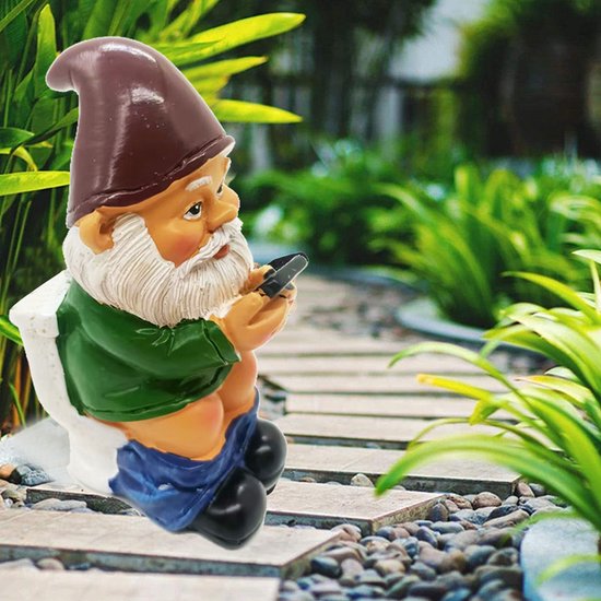 Grappige Kabouter Tuinornamenten-Kabouter op het Toilet met Mobiele Telefoon 5*7*12,5cm