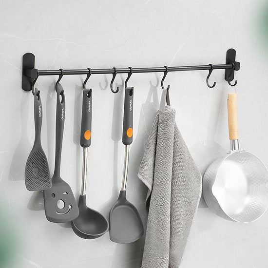 Ruimtebesparende Keukengerei Wandbeugel-keukengereihouder met 8haakjes-Aluminium Keukenrail -49.5CM-zwart