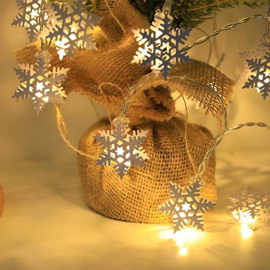 Kerstverlichting Sneeuwvlokken -Kerstdecoratie en Kerstversiering- 1.5m Lichtsnoer met 10 Sneeuwvloklampjes, Werkt op 2 AA-batterijen- Warm Wit